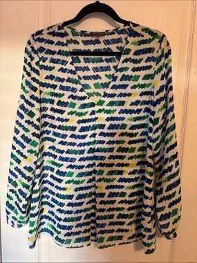 Vince Camuto White Blouse with Blue, Green & Yellow Brushstroke Print